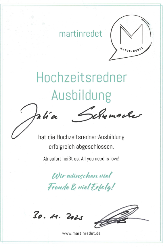 Zertifikat Hochzeitsredner Ausbildung Julia Schumacher - Martinredet