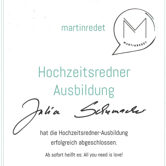 Zertifikat Hochzeitsredner Ausbildung Julia Schumacher - Martinredet